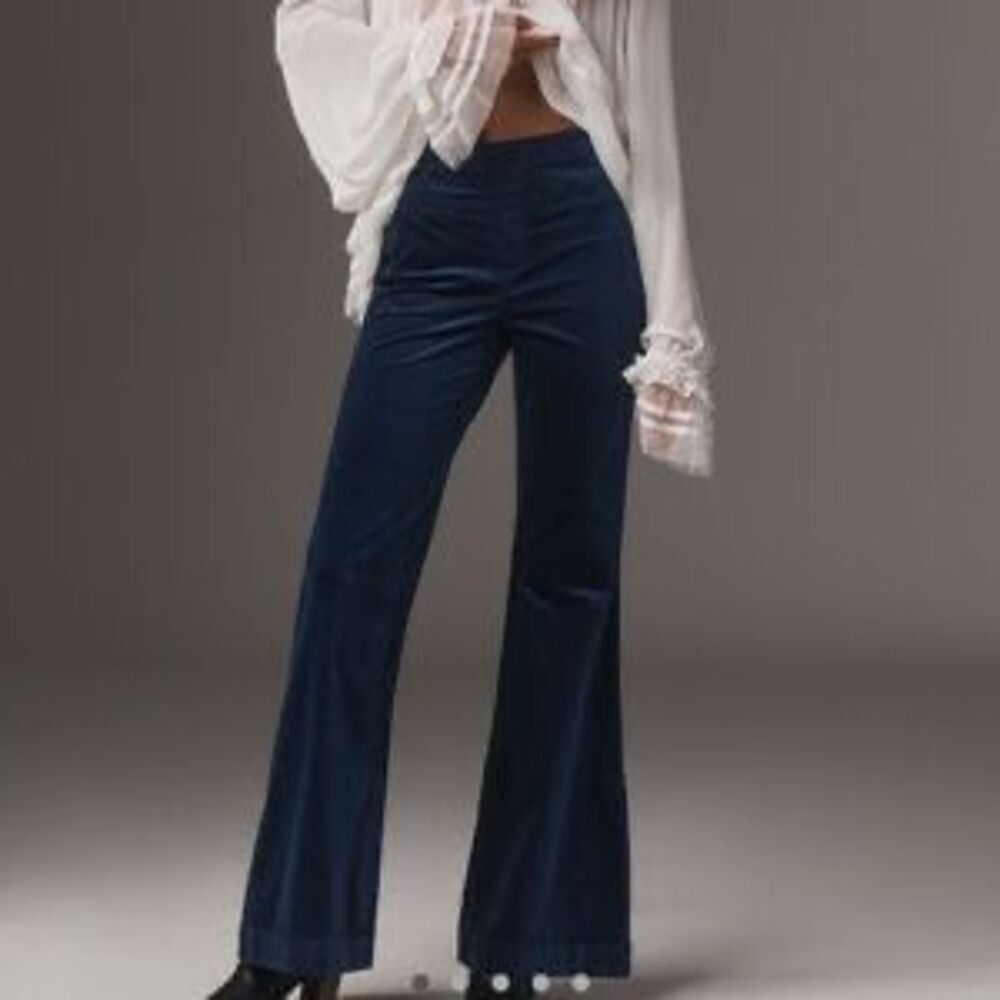 Pilcro Anthropologie Women's Size 32 Navy Blue High Rise Velvet Flared Leg Pants